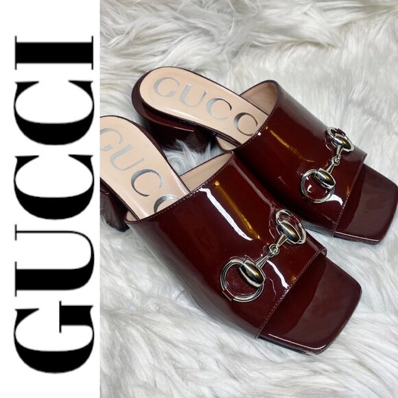 NWOT GUCCI Lexi Patent Leather Horsebit Accent Burgundy Slides, Size 35 - Picture 3 of 12